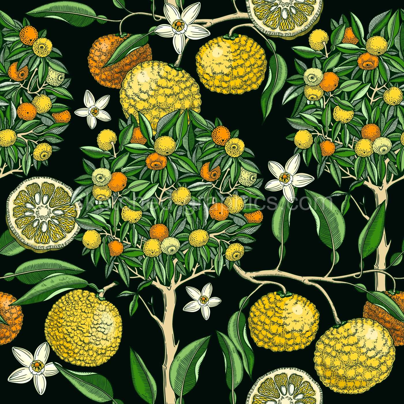 Hand-drawn yuzu tree background design in color. Vintage citrus branches, flowers, leaves whole fruit, cut half-piece sketches. Seamless healthy food pattern. Exotic plant illustration for print Illustration